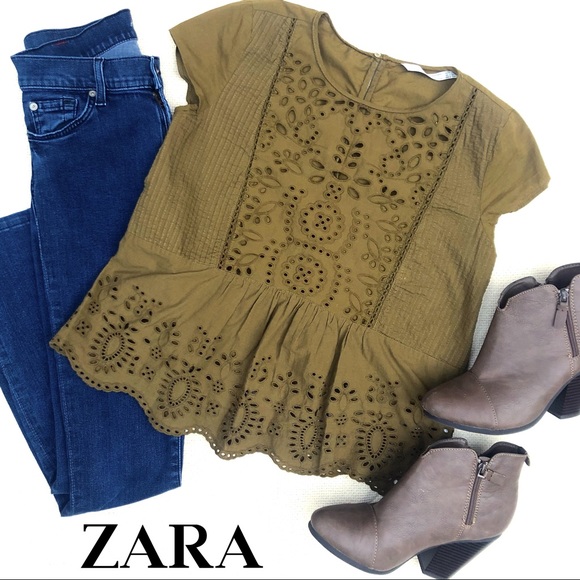 Zara Tops - Olive Green Cap Sleeve Eyelet Top